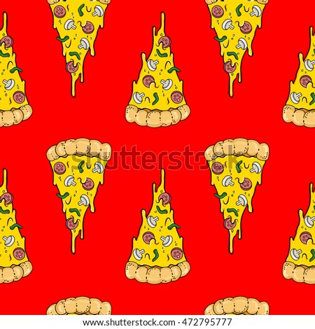 Pizza with meat seamless pattern. Red background for kitchen, textiles, wrapping paper, cards, invitations, website, banner, cafes, restaurants, coffee shops, catering. Vector illustration.