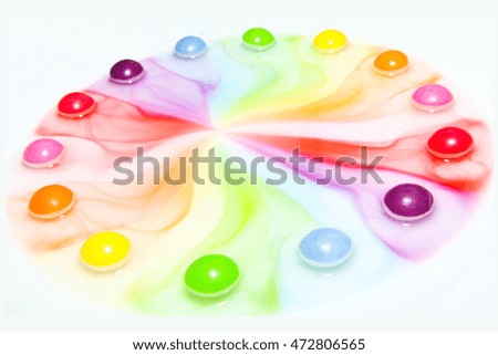 The candies are dissolving in the water and are making a colorful show. 