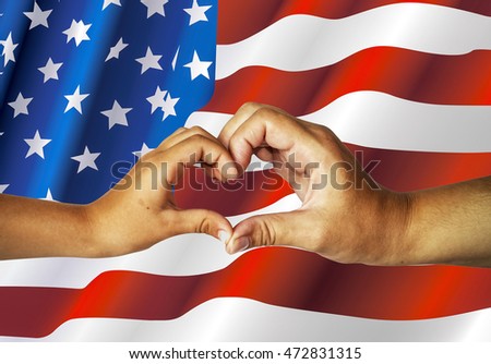 Female hands heart on American flag background. Mother and child made a heart with their hands. Unity, patriotism, support, family. Template.