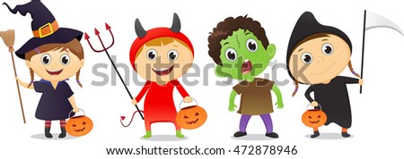 happy children in Halloween party trick or treating