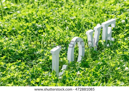 Word "love" composed of letters. Sunny day. Love text on the grass.