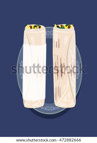 Shawarma sandwich with and without paper wrap on a platter. Editable Clip Art.