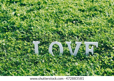 Word "love" composed of letters. Sunny day. Love text on the grass. Toned picture. Place for text.