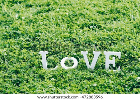 Word "love" composed of letters. Sunny day. Love text on the grass. Toned picture. Place for text.