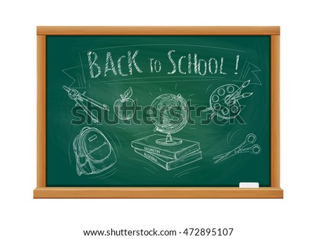 Back to School welcome banner with green blackboard and chalk doodle sketch icons of school supplies compass, apple, backpack, rucksack, globe, books, watercolor paint brushes, scissors Royalty-Free Stock Photo #472895107