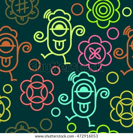 Seamless pattern cute monster and flower