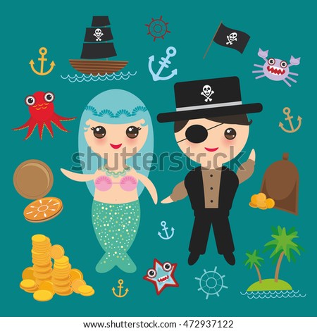 Mermaid with pirate card banner design copy space, pirate boat with sail, gold coins crab octopus starfish island with palm trees anchor compass anchor helm treasures on blue background. Vector