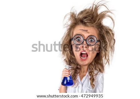 caricature image of crazy excited scientist with chemical flask in her hands