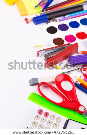 Various office supplies on a white background. Back to school. Space for text