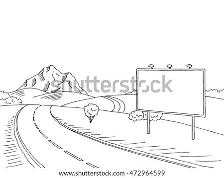 Road billboard graphic art black white landscape sketch illustration vector