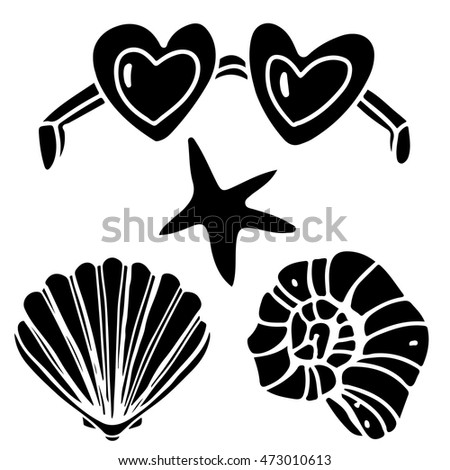 Shells, starfish, glasses, heart shape. Hand drawn black silhouette isolated on white background set