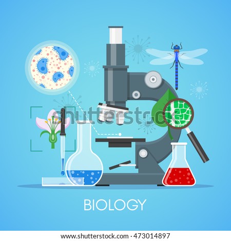 Biology science education concept vector poster in flat style design. Biology school laboratory equipment. Royalty-Free Stock Photo #473014897
