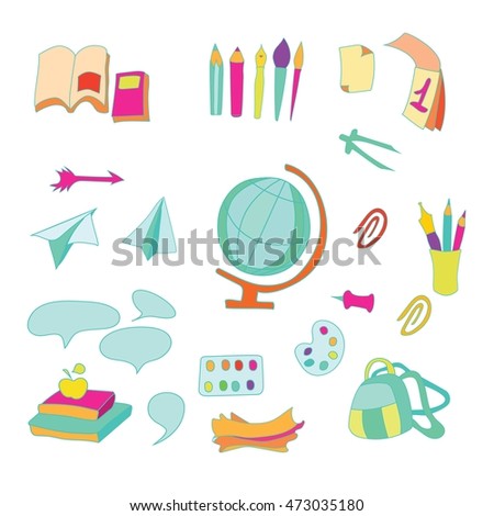 School set of vector objects. Various colorful school supplies.