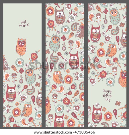 Set template cards with owls. Kids doodle style.