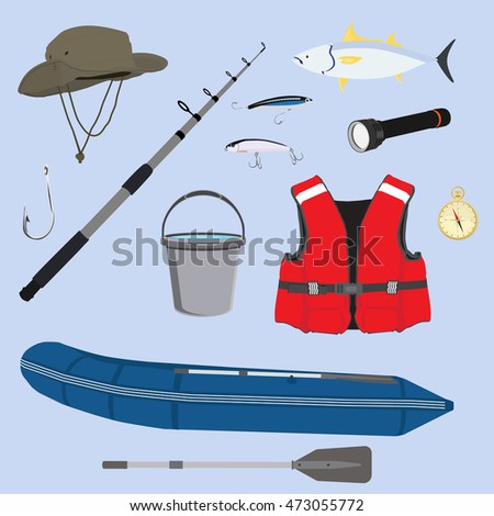 Vector illustration fishing icon set, collection. Fisherman equipment