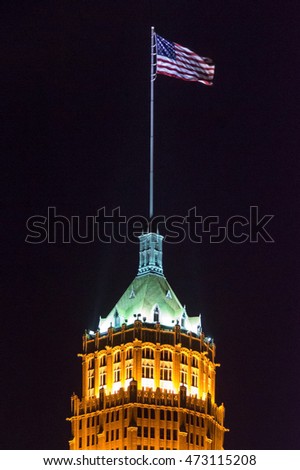 Tower Life Building at Night in San Antonio, Texas. The 1927 era building is in the National Register of Historic Places