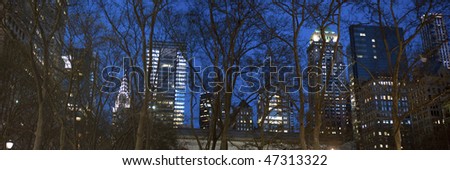 Twilight trees, New York City, skyscrapers