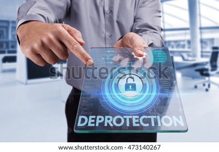 Business, Technology, Internet and network concept . Young business man working on the tablet of the future , select the virtual screen : Deprotection