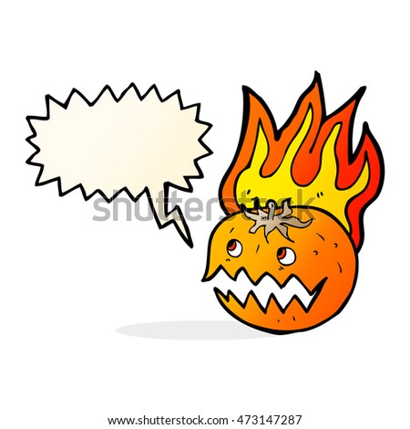 cartoon flaming pumpkin with speech bubble