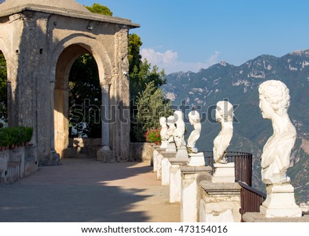 Scenic picture-postcard view of famous Amalfi Coast with Gulf of Salerno from Villa Cimbrone gardens in Ravello, Naples, Italy
