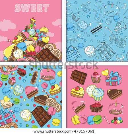Set of seamless patterns and images of sweets