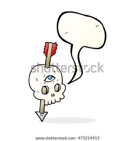 freehand drawn speech bubble cartoon magic skull with arrow through brain