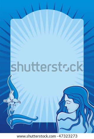 Young spa girl with iris flower on blue vertical background