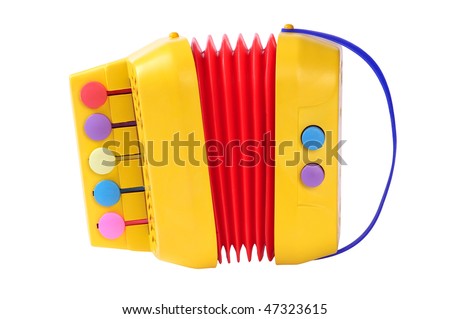 plastic toy accordion on a white background