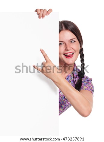 Portrait of a beautiful young woman with blank billboard on white background