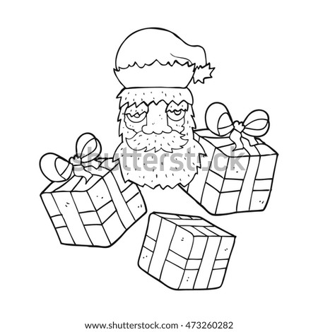 freehand drawn black and white cartoon tired santa claus face with presents