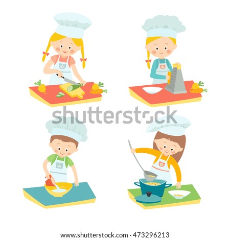 Little girl cooking a soup. Little chef. Vector hand drawn eps 10 clip art illustration isolated on white background.