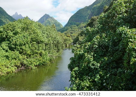 Tahiti iti landscape, the river and valley Vaitepiha with mountains in background, French Polynesia