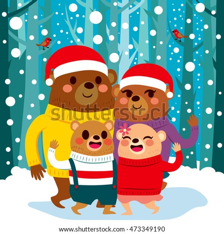 Cute bear family with Santa hats standing on snow Christmas forest background