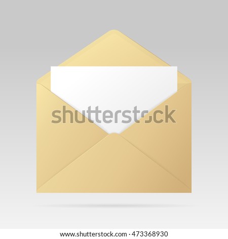 Open golden envelope with invitation card. Vector realistic template isolated from the background.