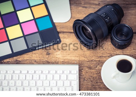 professional photographer desk, overhead view