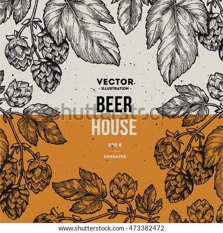 Beer hop frame. Engraved style illustration. Vintage beer design template. Vector illustration  Royalty-Free Stock Photo #473382472
