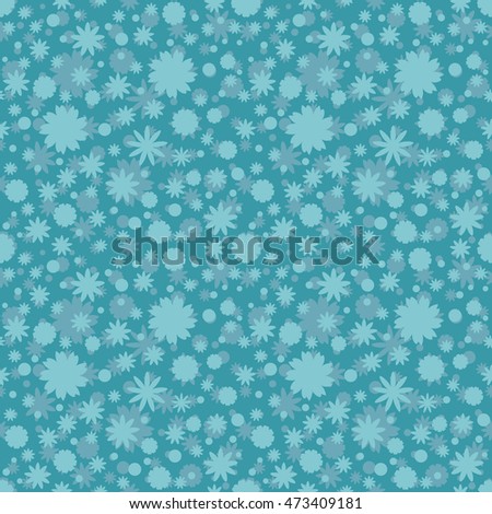 Seamless pattern with turquoise stars, dots, snowflake, flowers on blue background. Sky background. Vector illustration.