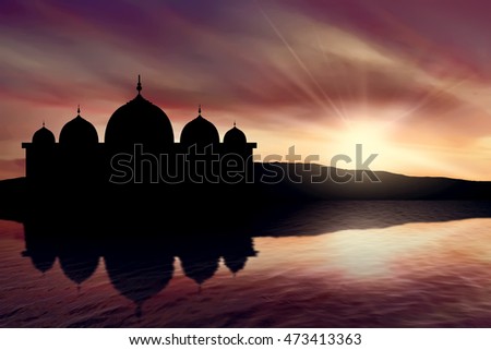 Silhouette mosque picture and twilight background and sea background