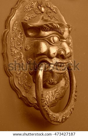 closeup of pictures, metal beast head knocker on red door plank