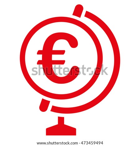Euro Globe icon. Vector style is flat iconic symbol with rounded angles, red color, white background.
