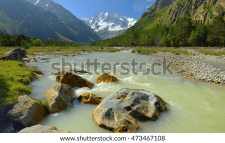 This is colorful river in Caucasus valley in summer