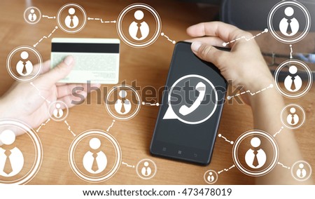 Smart phone handset bubble call man online internet pay buy shop credit card network cyber web shopping mobile purchase. Bank card, service, telephone. Support, help, human, maintenance, network, hand