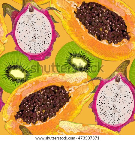 bright, juicy, color, summer, sunny fruit seamless pattern of tropical and exotic fruits. Vector cheerful, refreshing clothes decor texture, prints by constructing and decorating accessories.