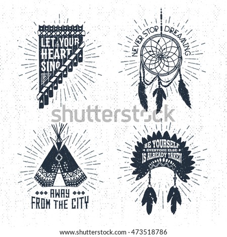 Hand drawn tribal labels set with pan flute, dream catcher, teepee, and headdress vector illustrations and inspirational lettering.