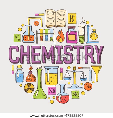 Chemistry hand drawn colorful vector illustration with doodle icons, chemical images and objects arranged in a circle.