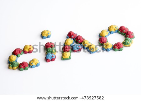 Word ??ciao?� written with many small rubber toy cars. Translation: "hello"