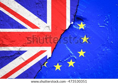 Flags of the United Kingdom and the European Union on wall. Brexit 2016