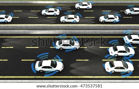 Autonomous cars on a road with visible connection Royalty-Free Stock Photo #473537581