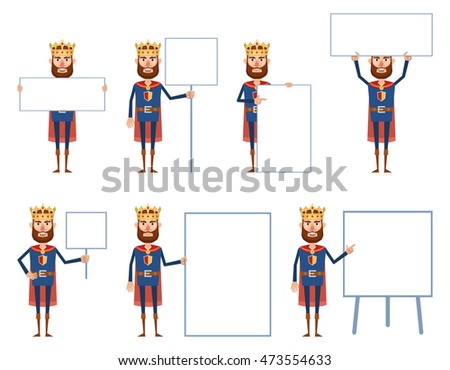 Set of king characters posing with different blank banners. Cheerful king holding paper, poster, placard, pointing to whiteboard. Teach, advertise, promote. Flat vector illustration
