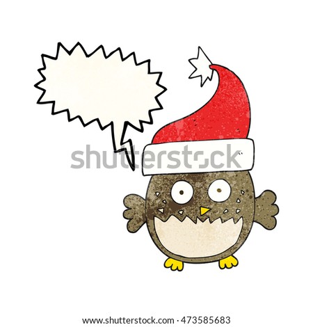 freehand speech bubble textured cartoon owl wearing christmas hat